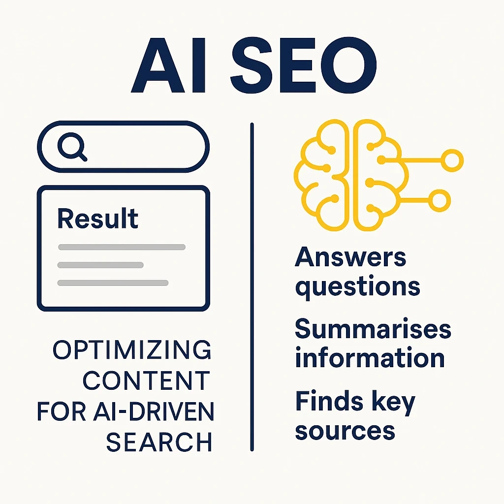Infographic titled ‘AI SEO’ showing a split design: left side depicts a classic search result box, right side features a yellow AI brain icon with lines to phrases ‘Answers questions’, ‘Summarizes information’ and ‘Finds key sources’. Caption reads ‘Optimizing Content for AI‑Driven Search’